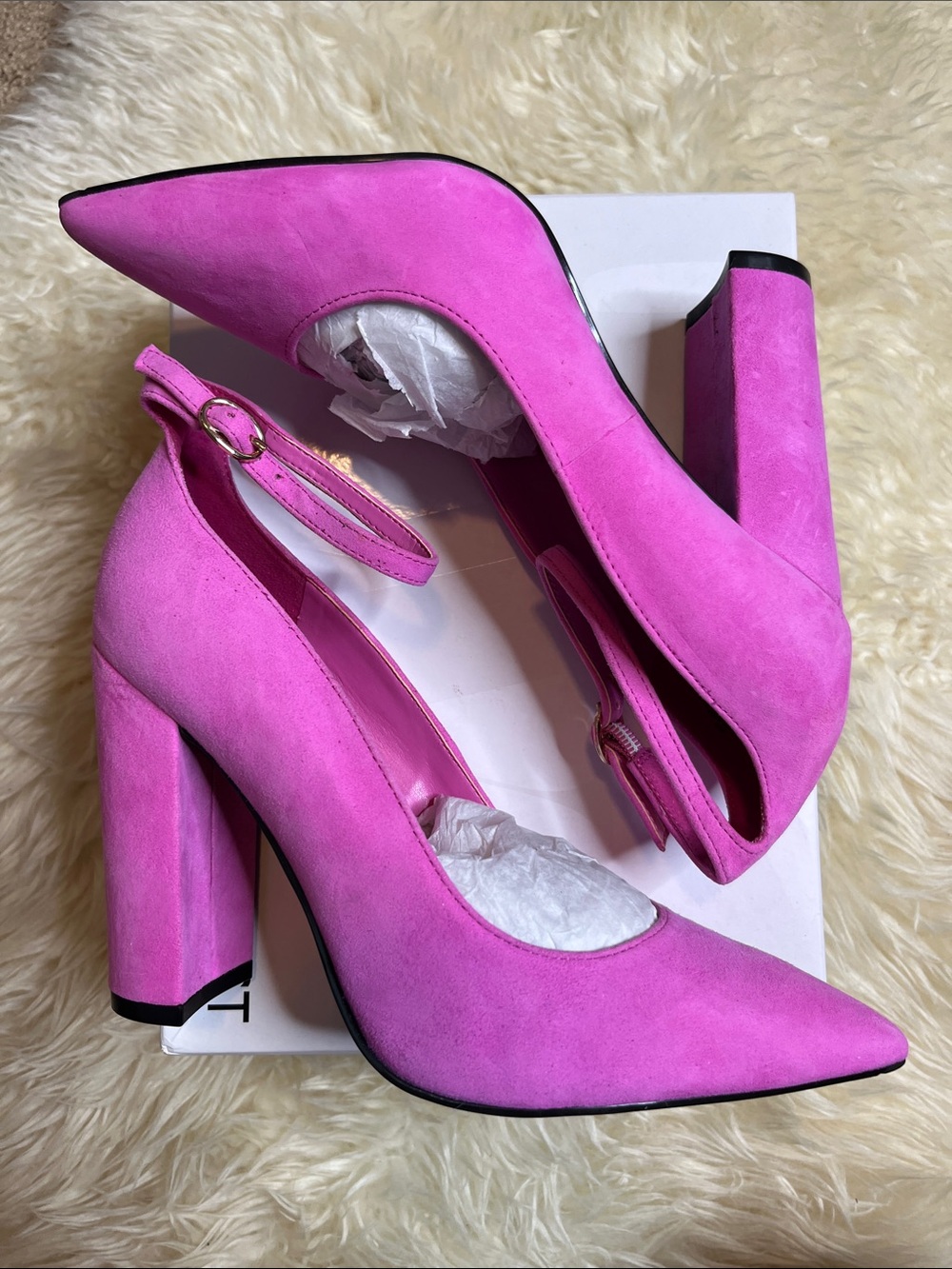 NIB Nine West Plana Pump Magenta Suede - Size 7 Barbie Block Heel Ankle Strap - Picture 1 of 8
